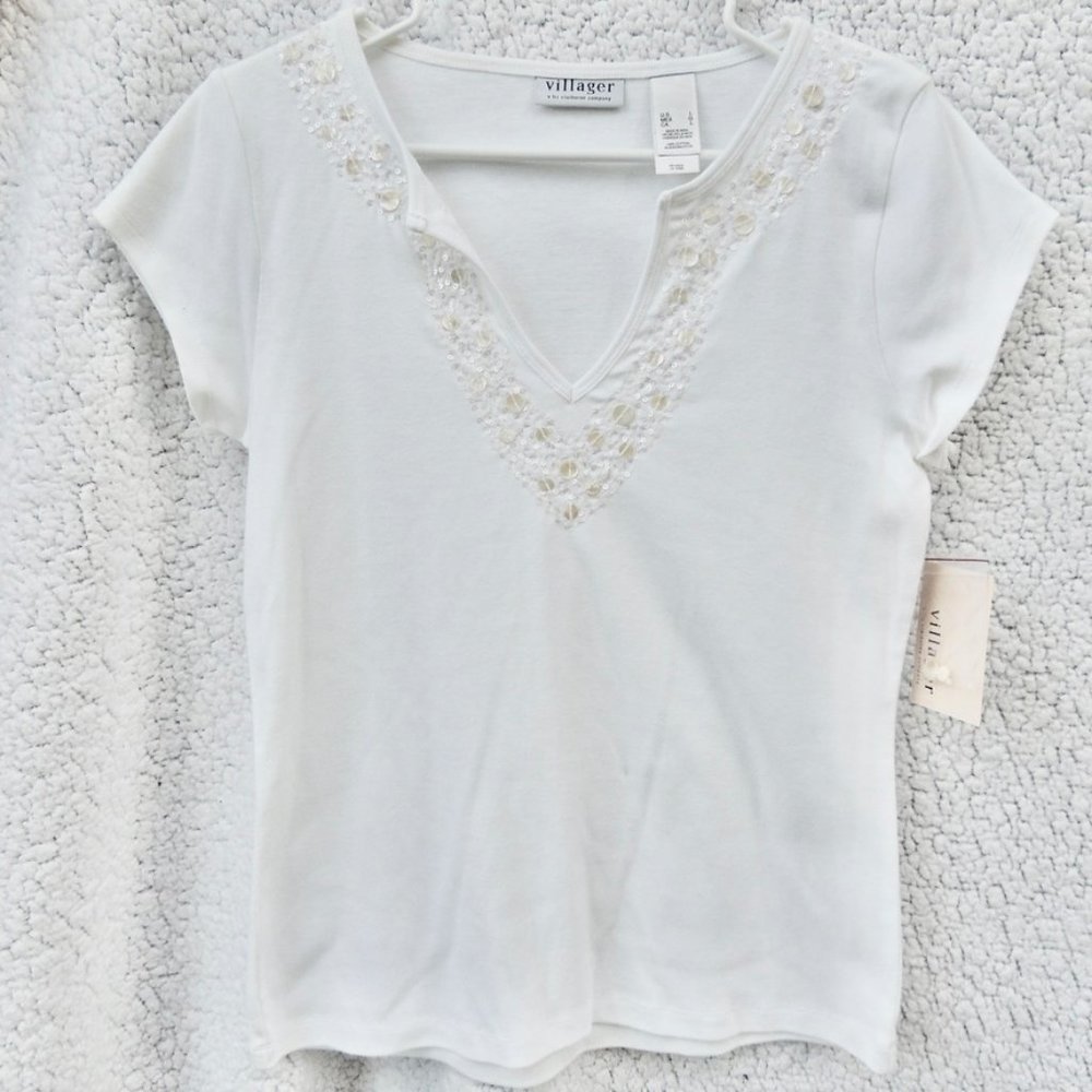 NWT Villager White Short Sleeve Top wsith Clear Sequins Detailing